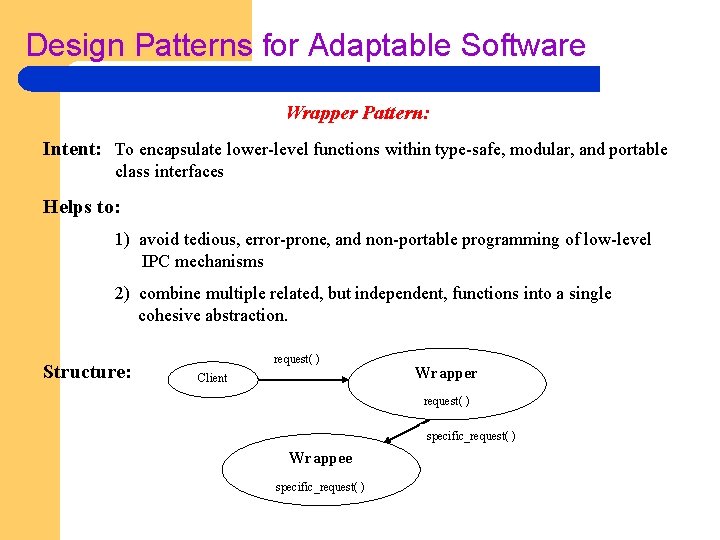 Design Patterns for Adaptable Software Wrapper Pattern: Intent: To encapsulate lower-level functions within type-safe,
