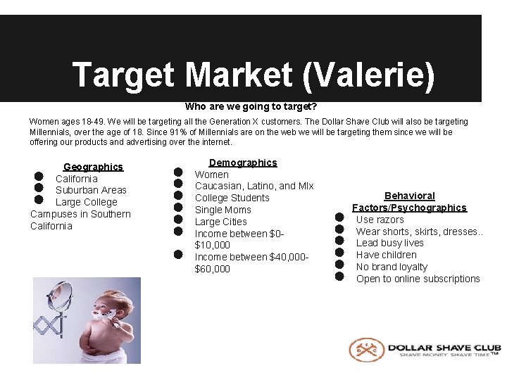 Target Market (Valerie) Who are we going to target? Women ages 18 -49. We