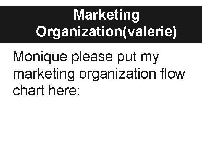 Marketing Organization(valerie) Monique please put my marketing organization flow chart here: 