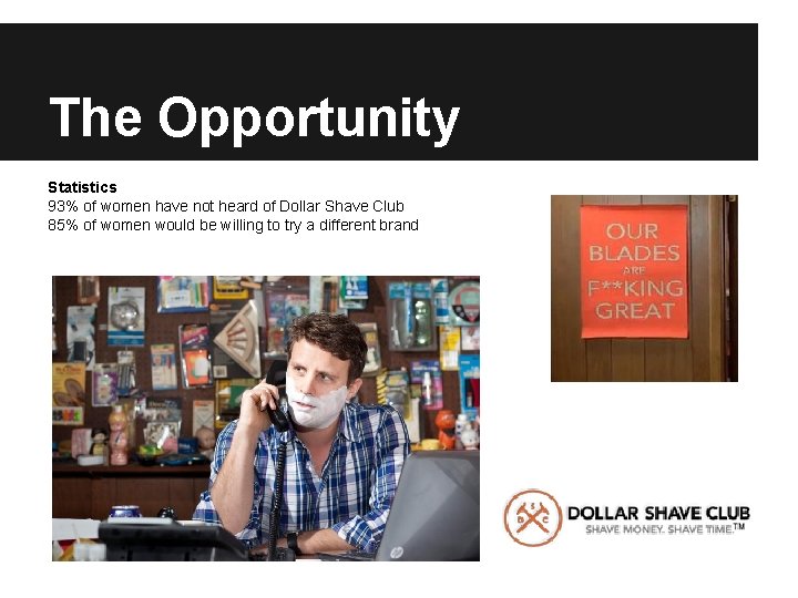 The Opportunity Statistics 93% of women have not heard of Dollar Shave Club 85%