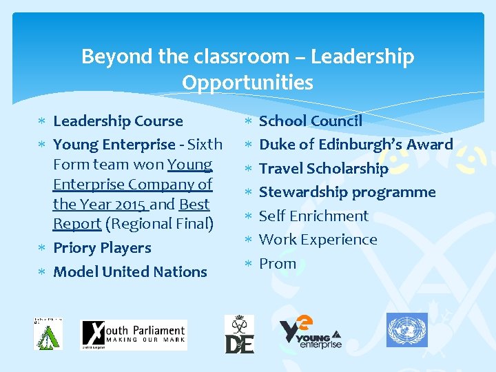 Beyond the classroom – Leadership Opportunities Leadership Course Young Enterprise - Sixth Form team