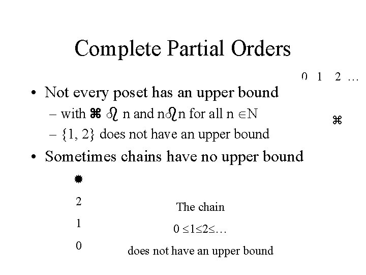 Complete Partial Orders • Not every poset has an upper bound 0 1 –