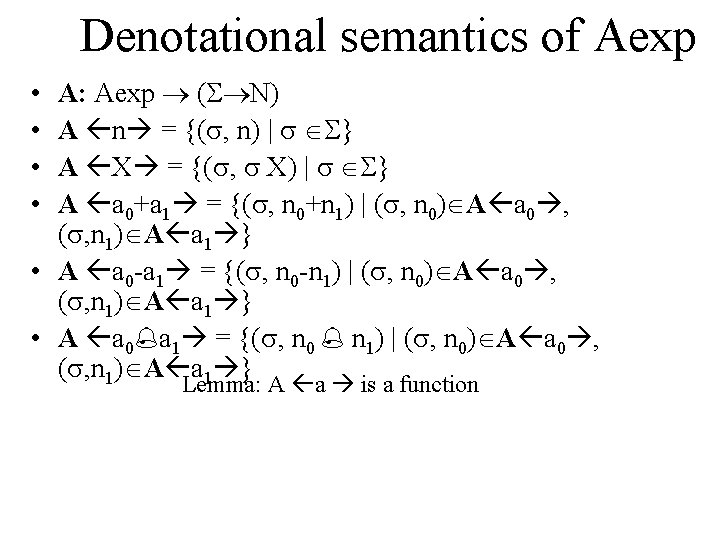 Denotational semantics of Aexp A: Aexp ( N) A n = {( , n)