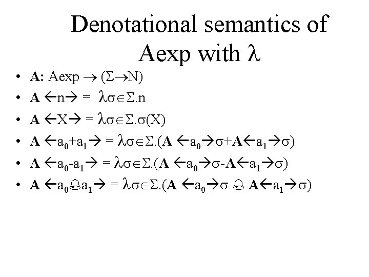 Denotational semantics of Aexp with • A: Aexp ( N) • A n =