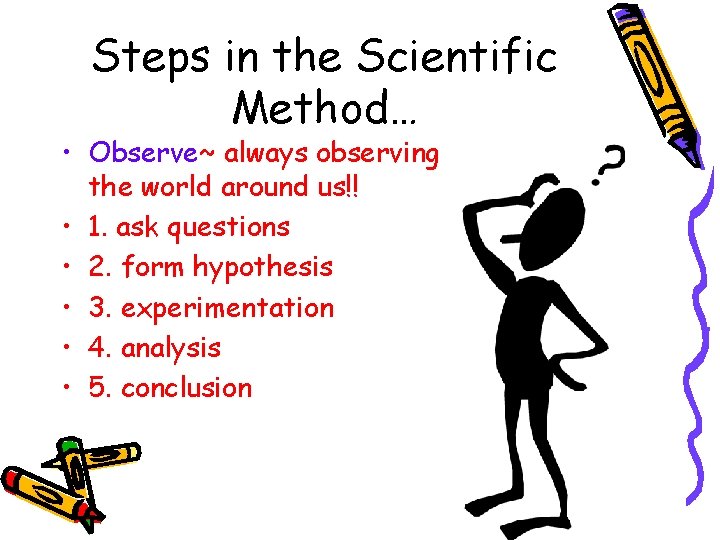 Steps in the Scientific Method… • Observe~ always observing the world around us!! •