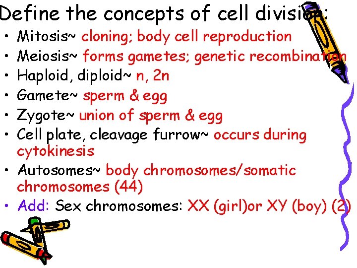 Define the concepts of cell division: • • • Mitosis~ cloning; body cell reproduction