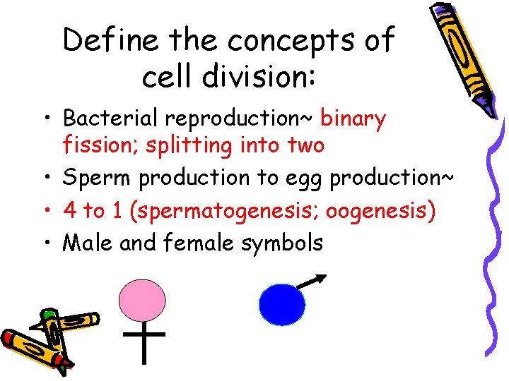 Define the concepts of cell division: • Bacterial reproduction~ binary fission; splitting into two