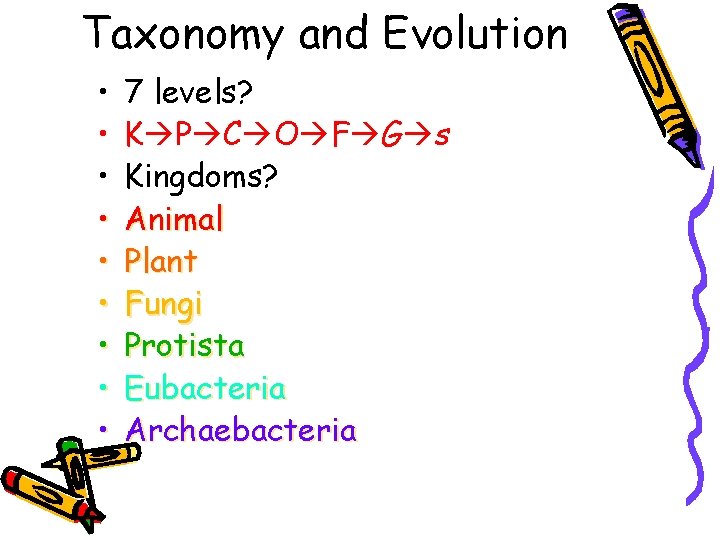 Taxonomy and Evolution • • • 7 levels? K P C O F G