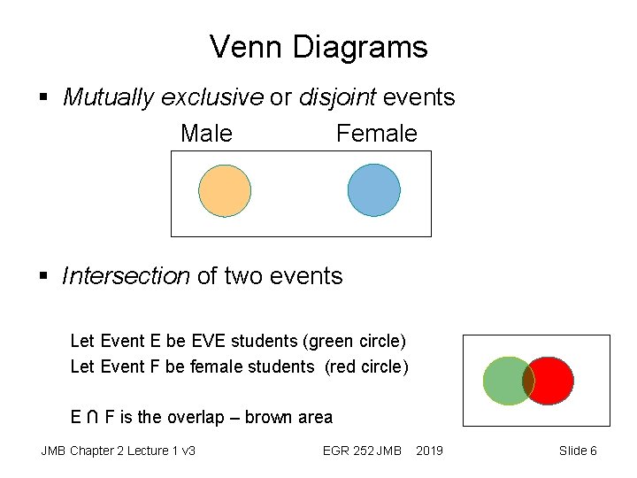 Venn Diagrams § Mutually exclusive or disjoint events Male Female § Intersection of two