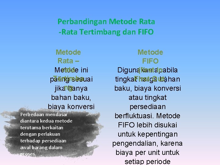 Perbandingan Metode Rata -Rata Tertimbang dan FIFO Metode Rata – rata ini Metode Tertimba