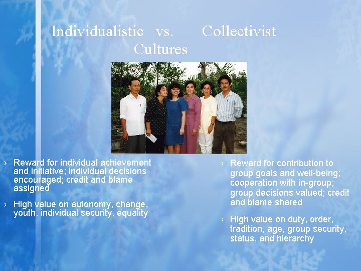 Individualistic vs. Collectivist Cultures › Reward for individual achievement and initiative; individual decisions encouraged;