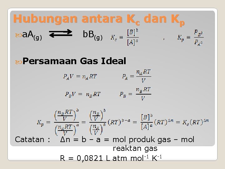 Hubungan antara Kc dan Kp a. A(g) b. B(g) Persamaan Catatan : Gas Ideal