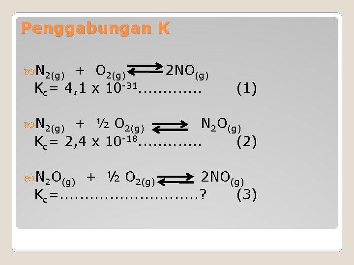 Penggabungan K N 2(g) + O 2(g) 2 NO(g) Kc= 4, 1 x 10