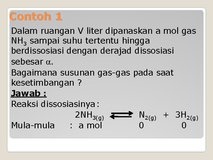 Contoh 1 Dalam ruangan V liter dipanaskan a mol gas NH 3 sampai suhu