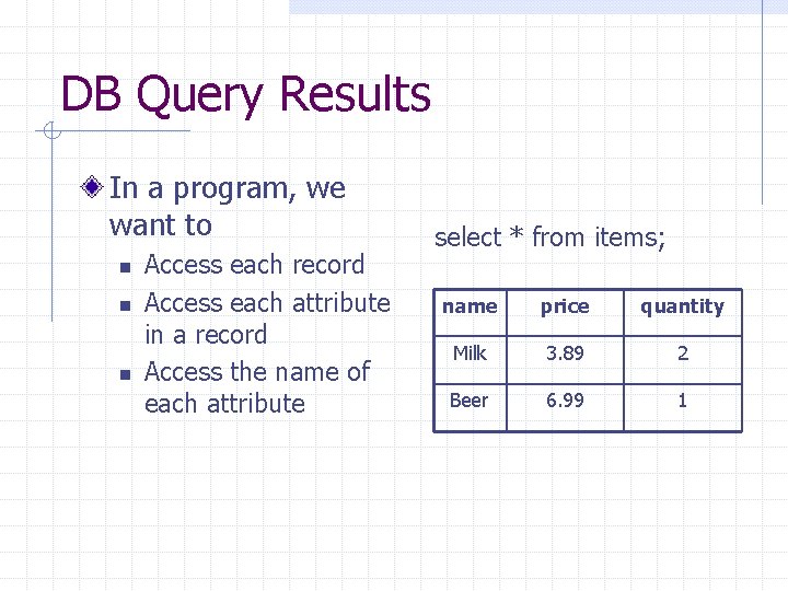 DB Query Results In a program, we want to n n n Access each