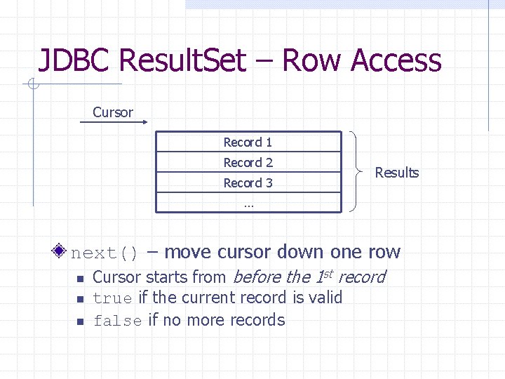 JDBC Result. Set – Row Access Cursor Record 1 Record 2 Record 3 Results