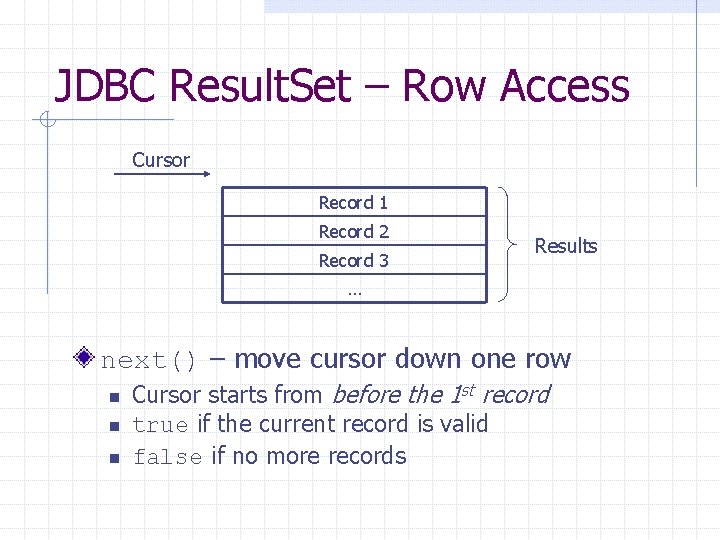 JDBC Result. Set – Row Access Cursor Record 1 Record 2 Record 3 Results JDBC Result. Set – Row Access Cursor Record 1 Record 2 Record 3 Results