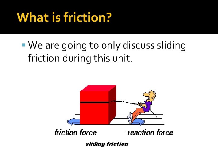 What is friction? We are going to only discuss sliding friction during this unit.