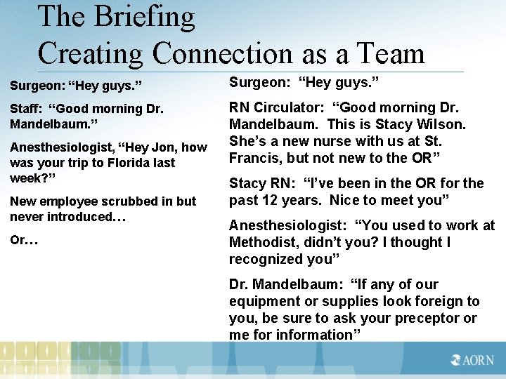 The Briefing Creating Connection as a Team Surgeon: “Hey guys. ” Staff: “Good morning