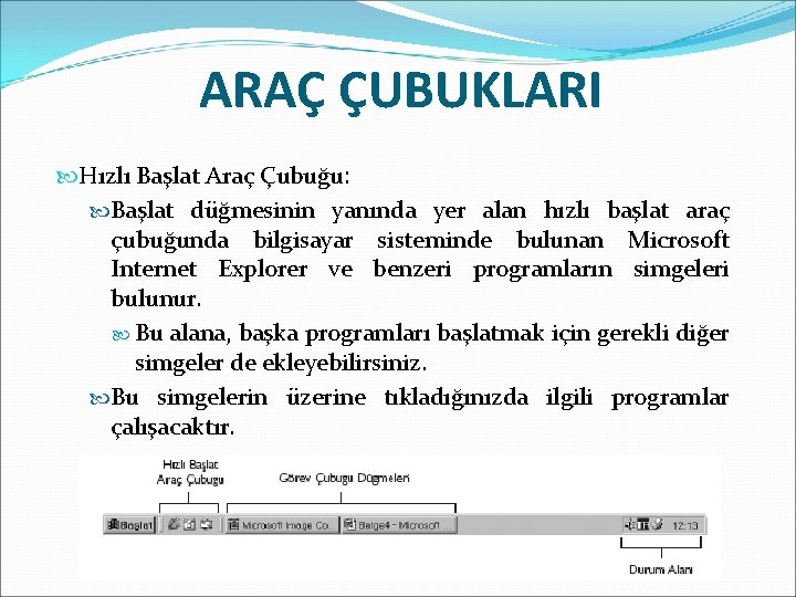 ARAÇ ÇUBUKLARI Hızlı Başlat Araç Çubuğu: Başlat düğmesinin yanında yer alan hızlı başlat araç