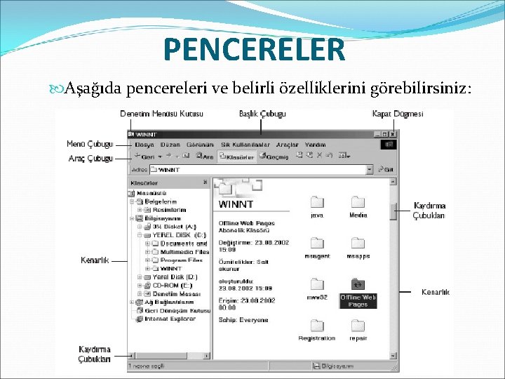 PENCERELER Aşağıda pencereleri ve belirli özelliklerini görebilirsiniz: 