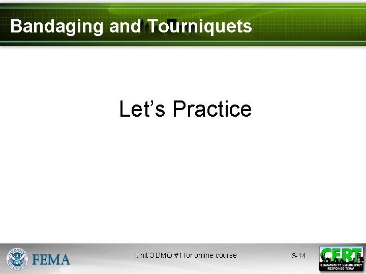 Bandaging and Tourniquets Let’s Practice Unit 3 DMO #1 for online course 3 -14