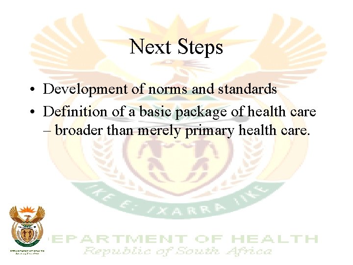 Next Steps • Development of norms and standards • Definition of a basic package