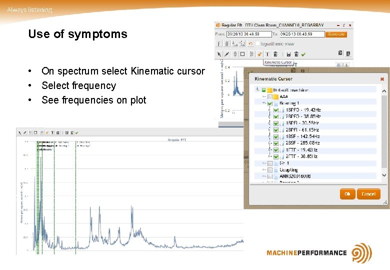 Use of symptoms • On spectrum select Kinematic cursor • Select frequency • See