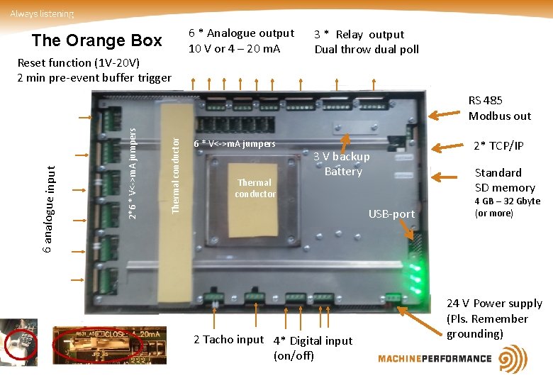 The Orange Box Reset function (1 V-20 V) 2 min pre-event buffer trigger 6