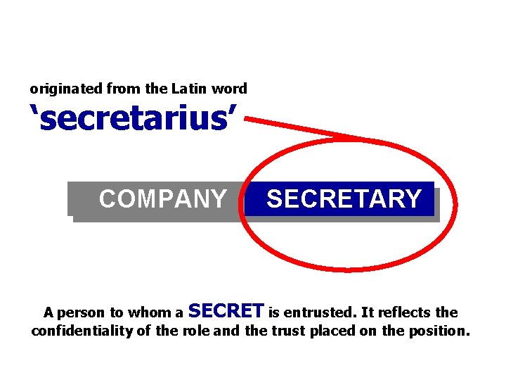 originated from the Latin word ‘secretarius’ COMPANY SECRETARY A person to whom a SECRET