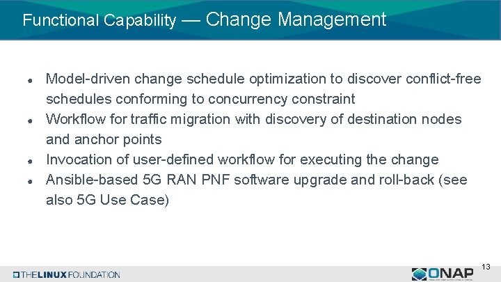 Functional Capability — Change Management ● ● Model-driven change schedule optimization to discover conflict-free