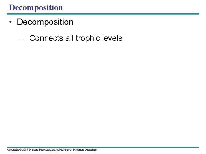 Decomposition • Decomposition – Connects all trophic levels Copyright © 2005 Pearson Education, Inc.