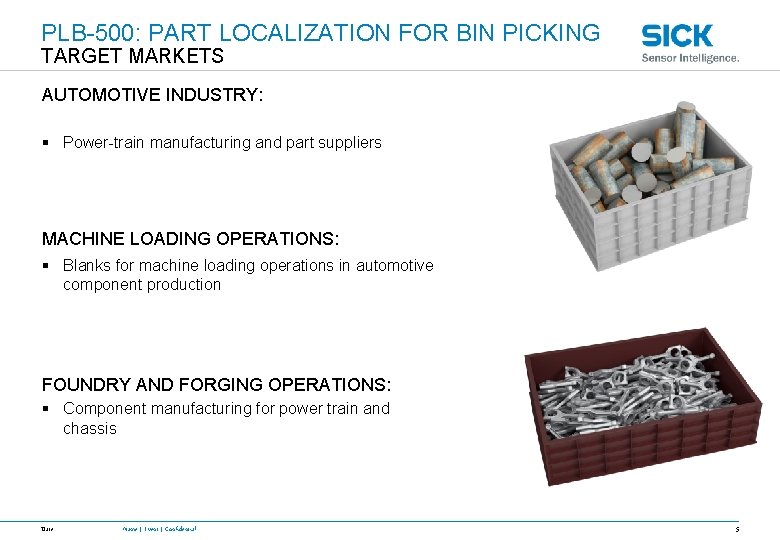 PLB-500: PART LOCALIZATION FOR BIN PICKING TARGET MARKETS AUTOMOTIVE INDUSTRY: § Power-train manufacturing and