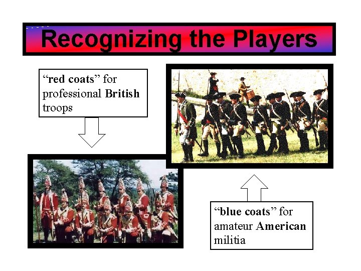 Recognizing the Players “red coats” for professional British troops “blue coats” for amateur American