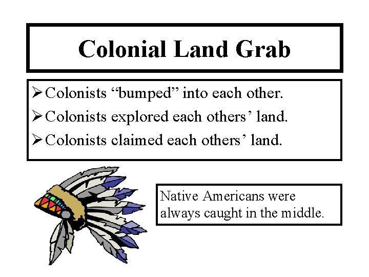 Colonial Land Grab Ø Colonists “bumped” into each other. Ø Colonists explored each others’