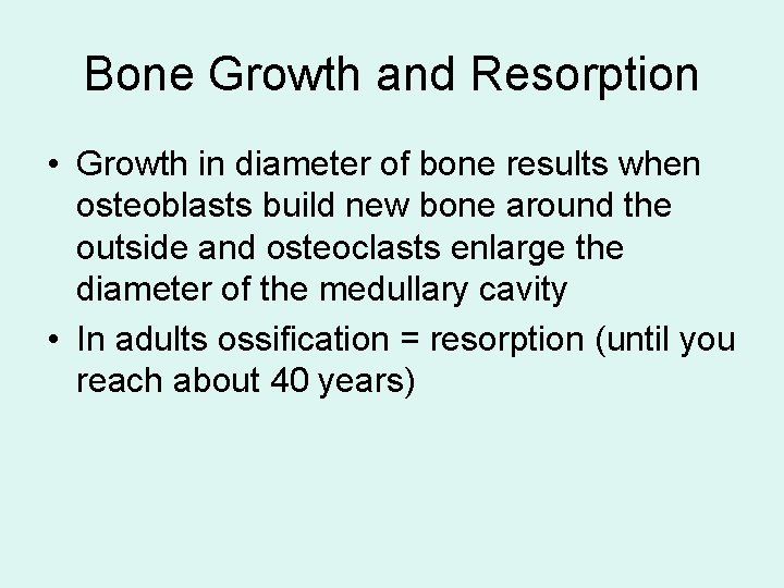 Bone Growth and Resorption • Growth in diameter of bone results when osteoblasts build