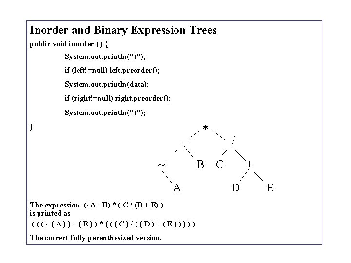 Inorder and Binary Expression Trees public void inorder ( ) { System. out. println("(");