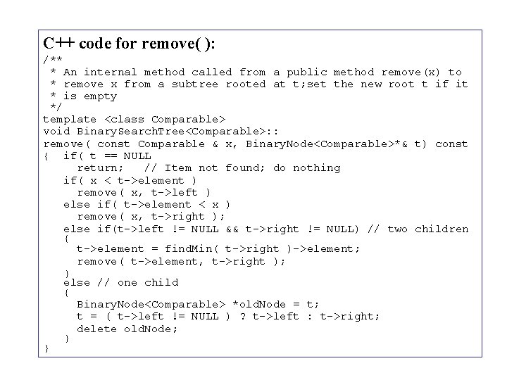C++ code for remove( ): /** * An internal method called from a public