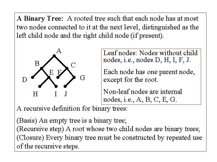 A Binary Tree: A rooted tree such that each node has at most two