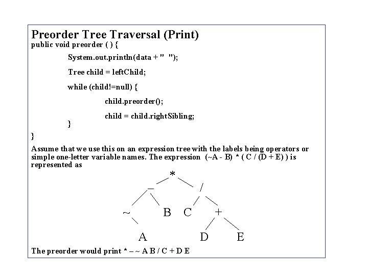 Preorder Tree Traversal (Print) public void preorder ( ) { System. out. println(data +