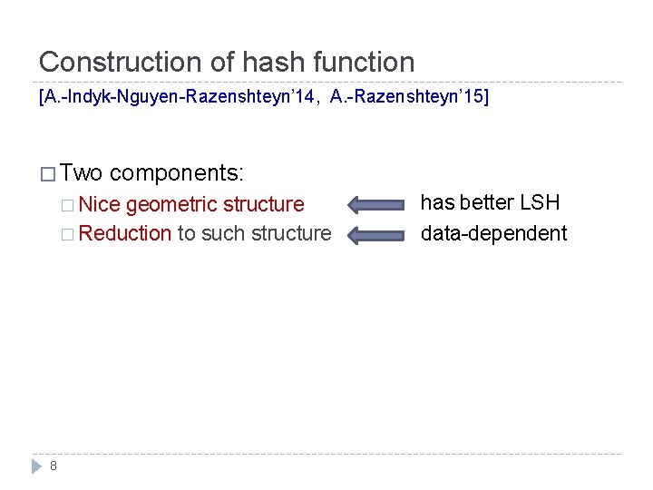 Construction of hash function [A. -Indyk-Nguyen-Razenshteyn’ 14, A. -Razenshteyn’ 15] � Two components: �