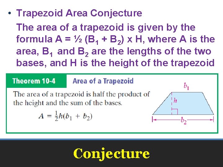  • Trapezoid Area Conjecture The area of a trapezoid is given by the