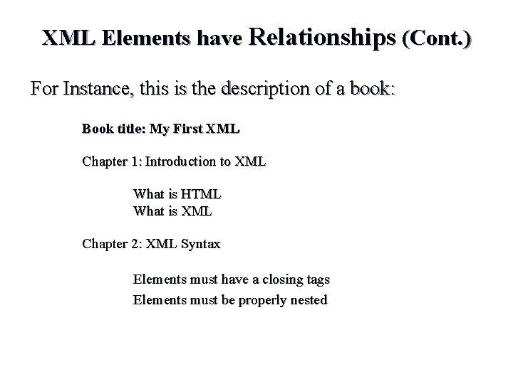 XML Elements have Relationships (Cont. ) For Instance, this is the description of a