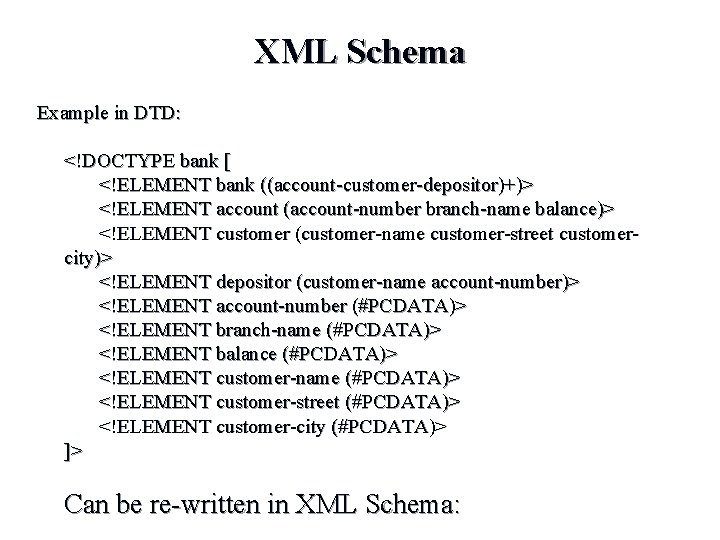 XML Schema Example in DTD: <!DOCTYPE bank [ <!ELEMENT bank ((account-customer-depositor)+)> <!ELEMENT account (account-number