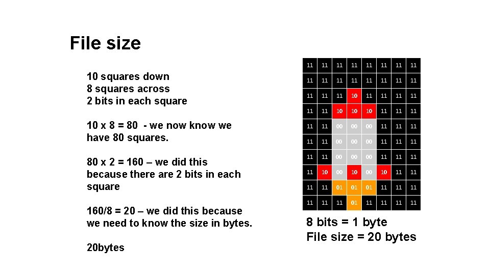 File size 10 squares down 8 squares across 2 bits in each square 10