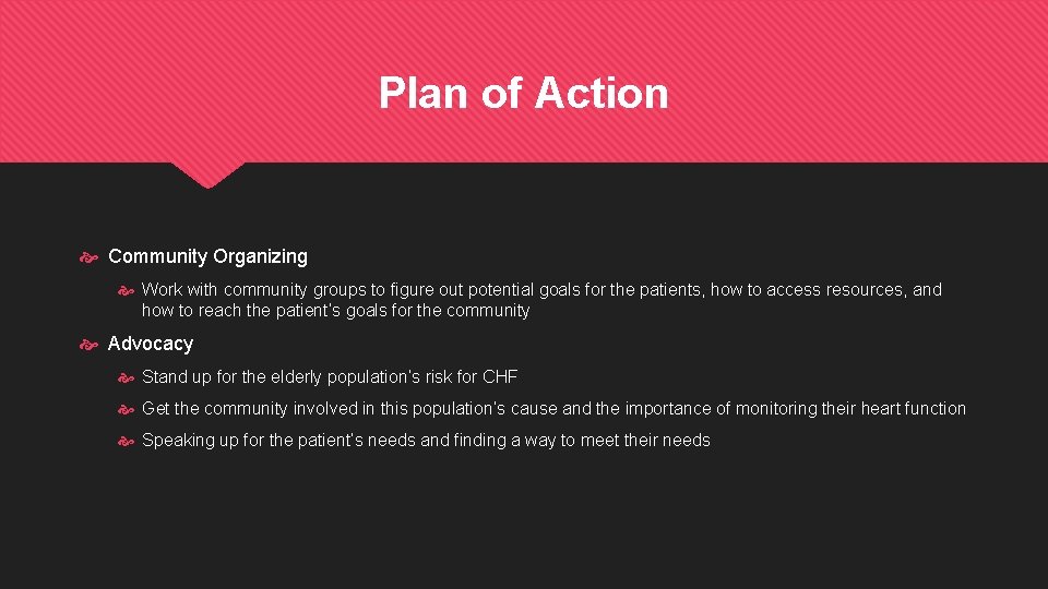 Plan of Action Community Organizing Work with community groups to figure out potential goals