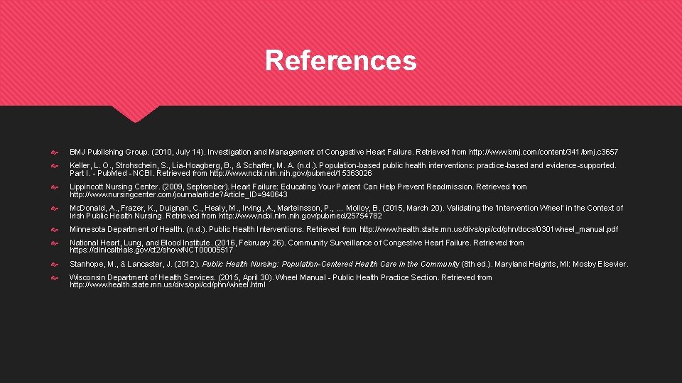References BMJ Publishing Group. (2010, July 14). Investigation and Management of Congestive Heart Failure.