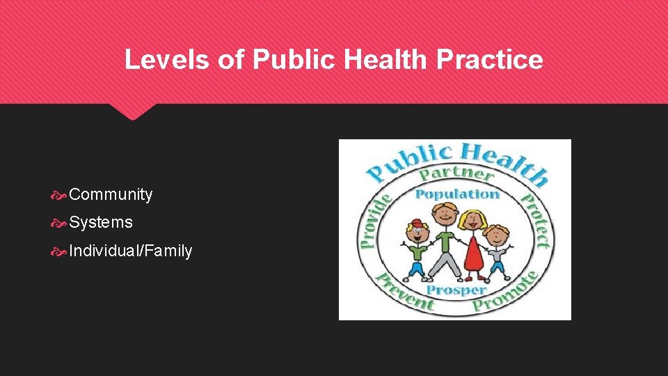 Levels of Public Health Practice Community Systems Individual/Family 
