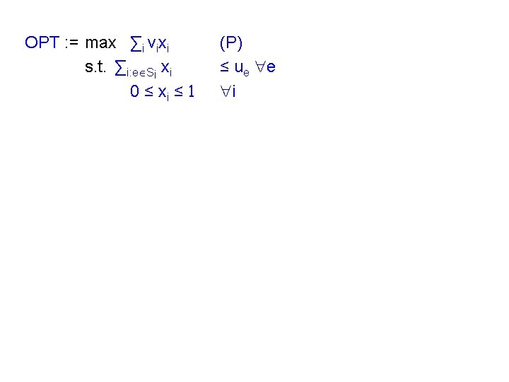 OPT : = max ∑i vixi s. t. ∑i: eÎSi xi 0 ≤ xi