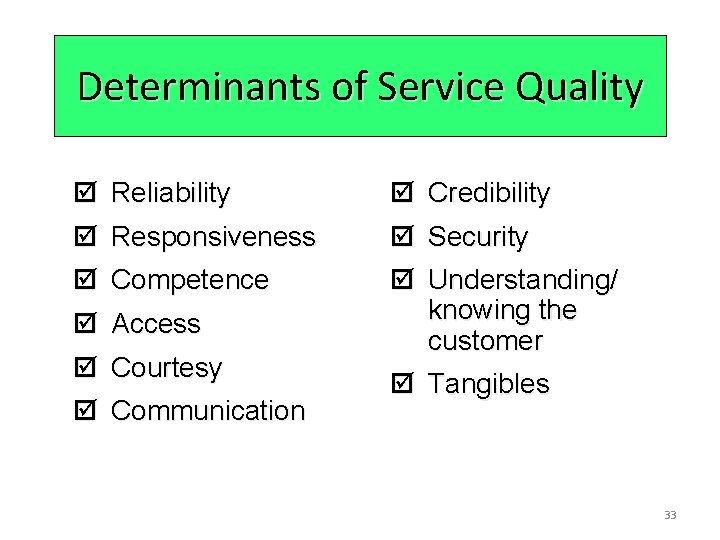 Determinants of Service Quality þ Reliability þ Responsiveness þ Competence þ Access þ Courtesy